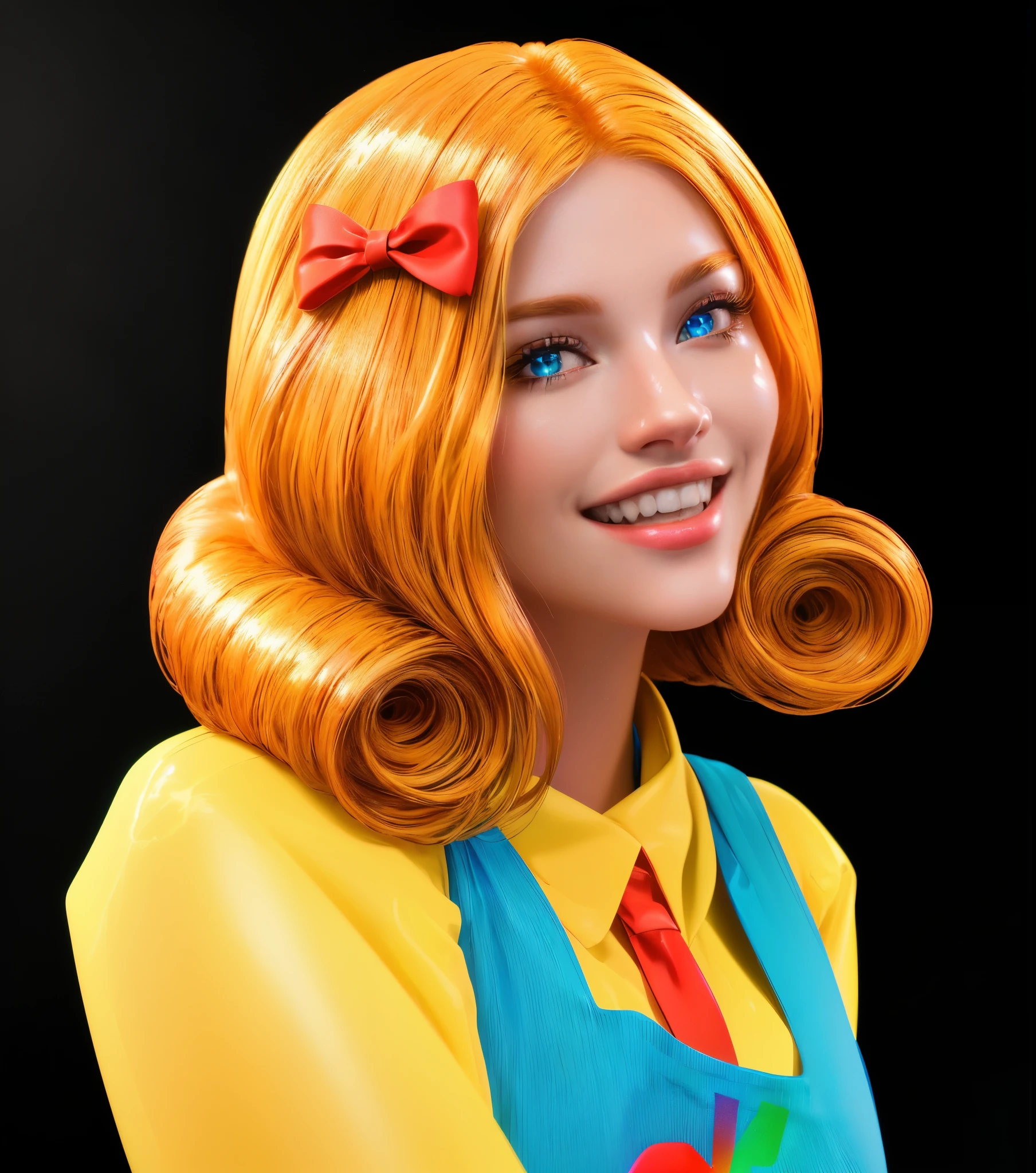 A cartoon girl with a huge smile and red hair is peeking out from a baby bag. laying on a blue background blanket., glossy texture, smooth 3d model, multiple light sources, rim light, sharp post effects render, (glossy plastic texture with multiple big light probe refractions), perfect cgi, smooth silhouette, high intensity refraction, (super glossy material), most beautiful vfx, blue background, plastic refractions, realistic, 4k, high resolution, rim light, photo shoot, commercial photo, profile shot, 4k, rim light, high resolution, 4k, glossy texture, smooth 3d model, multiple light sources, rim light, sharp post effects render, (glossy metallic texture with multiple big light probe refractions), perfect cgi, cgi art created only with gradients, smooth silhouette, high intensity refraction, (super glossy chrome material), most beautiful vfx, blue background, chrome metal refractions, multiple light sources, rim light, sharp post effects render, perfect cgi, digital art, detailed digital art, reflective, best quality, 4k, masterpiece:1.2, ultra-detailed, realistic, vivid colors, dark and moody lighting, The image of the highest quality, ensuring every detail showcased perfectly. It in 4k resolution, allowing viewers to immerse themselves in the richness of the colors and intricate details. The realistic rendering. under the spotlight, reflecting, high-resolution image, realistic rendering, dark background, and rim light photorealistic