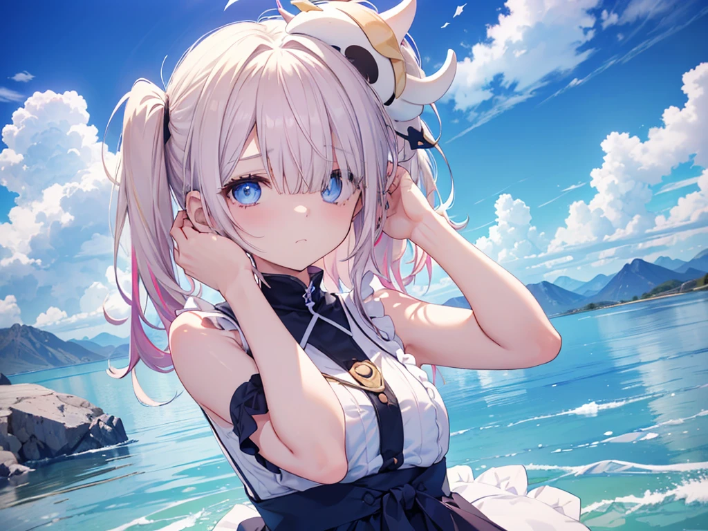 dress, blue eyes, fine grain、blonde、Multicolored Hair、Inner Color、Twin tails、 thin、(((Bangs that cover one eye)))、1 girl、Sad face、Beautiful blue sky、8K background、Medium Chest、whole body、Woman Standing On The Surface of the Lake、Uyuni salt lake、((((Put your hands on your head))))、Sleeveless、No sleeve