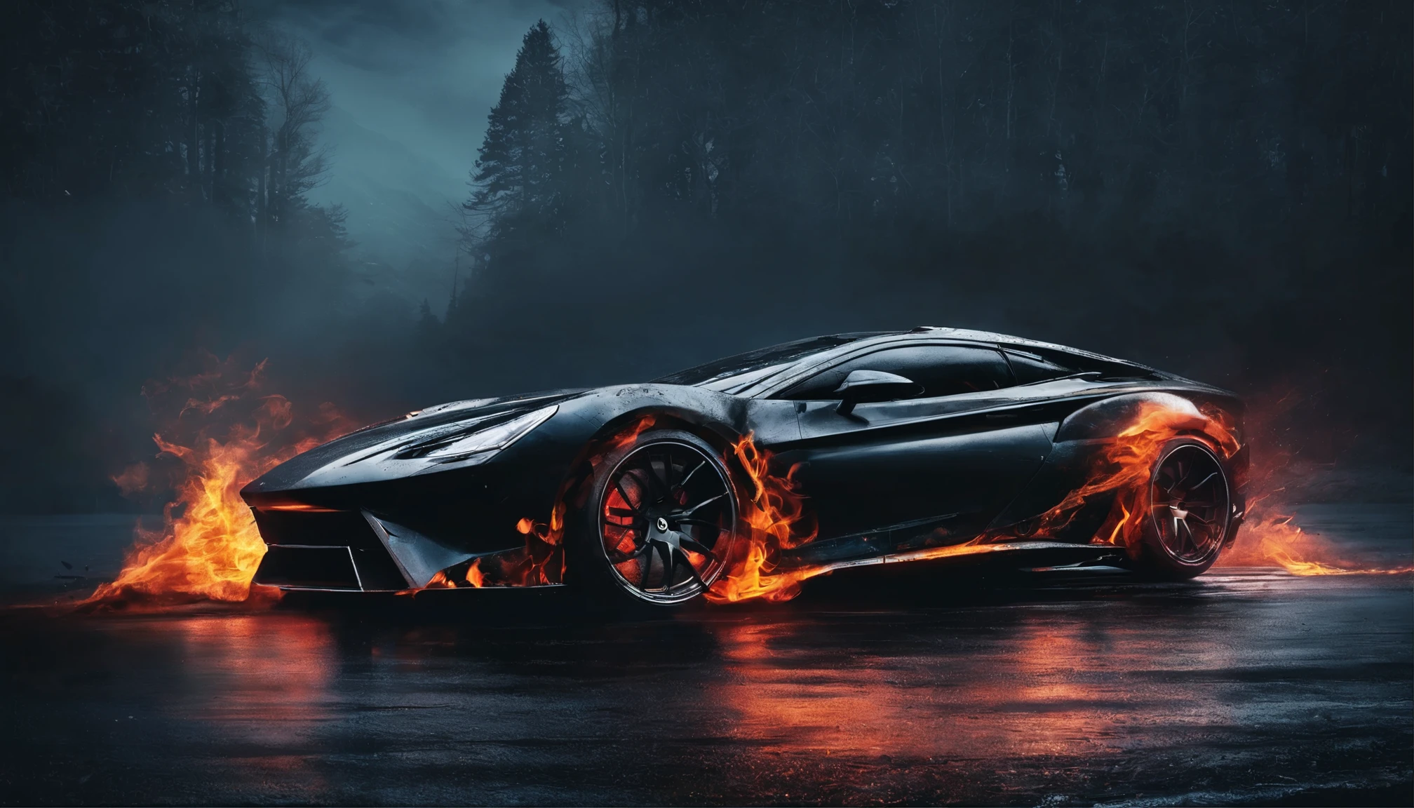 a close up of a fire sports car driving on a wet road, HQ 4K Phone Wallpaper, hq 4k обои, sportcar, awesome wallpaper, HD wallpaper, desktop background, 4K wallpaper, 4K wallpaper, sports car, cinematic front zip, Wide body, HD wallpaper for phone, High-quality desktop wallpapers, sports car, wallpaper for mobile phone, sports car, high quality wallpaper