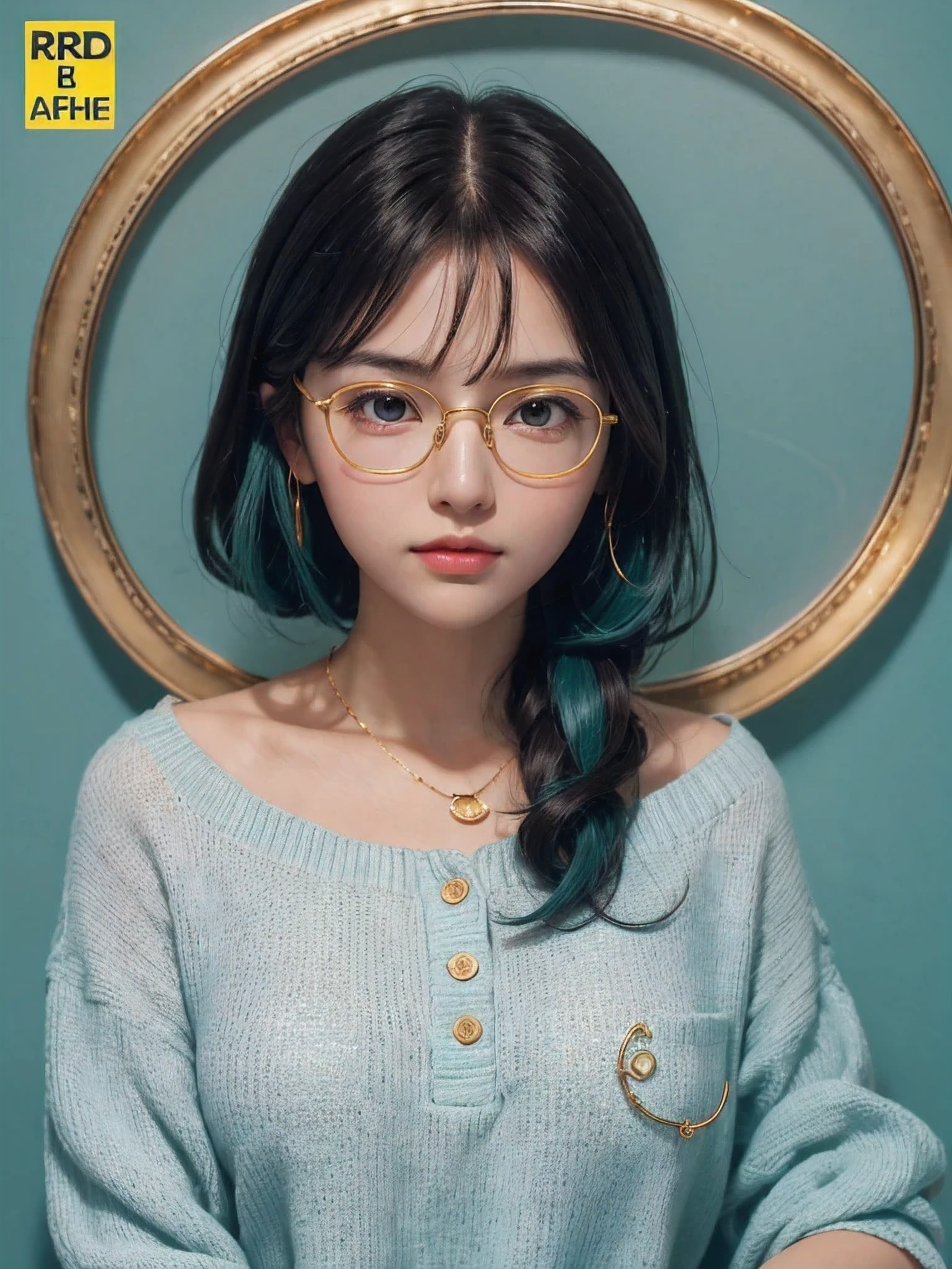 (Masterpiece, highest quality, super large resolution); (CG illustration); (a cute and cute girl); (sleepiness) (exhaustion); ((round-framed gold wire glasses)), (fashionable) (trendy); Rich colors, cyan, orange, yellow, green, cyan, blue, purple, fashion typography, magazine cover poster, hyper-detail, art, title, logo, label, badge, graphic design, detail post-processing, depth of field, high brightness, high saturation, more white space;