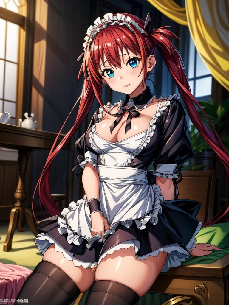 Tabletop, highest quality, Airlive 4,  Thighs Thighs Thighs, black Thighs Thighs Thighs, apron, zettai ryouiki, Maid, Maidの頭飾り, Cleavage, Wrist cuff,(Masturbation:1.8),One girl,Browsing Caution,(Spanning the viewer:1.4)