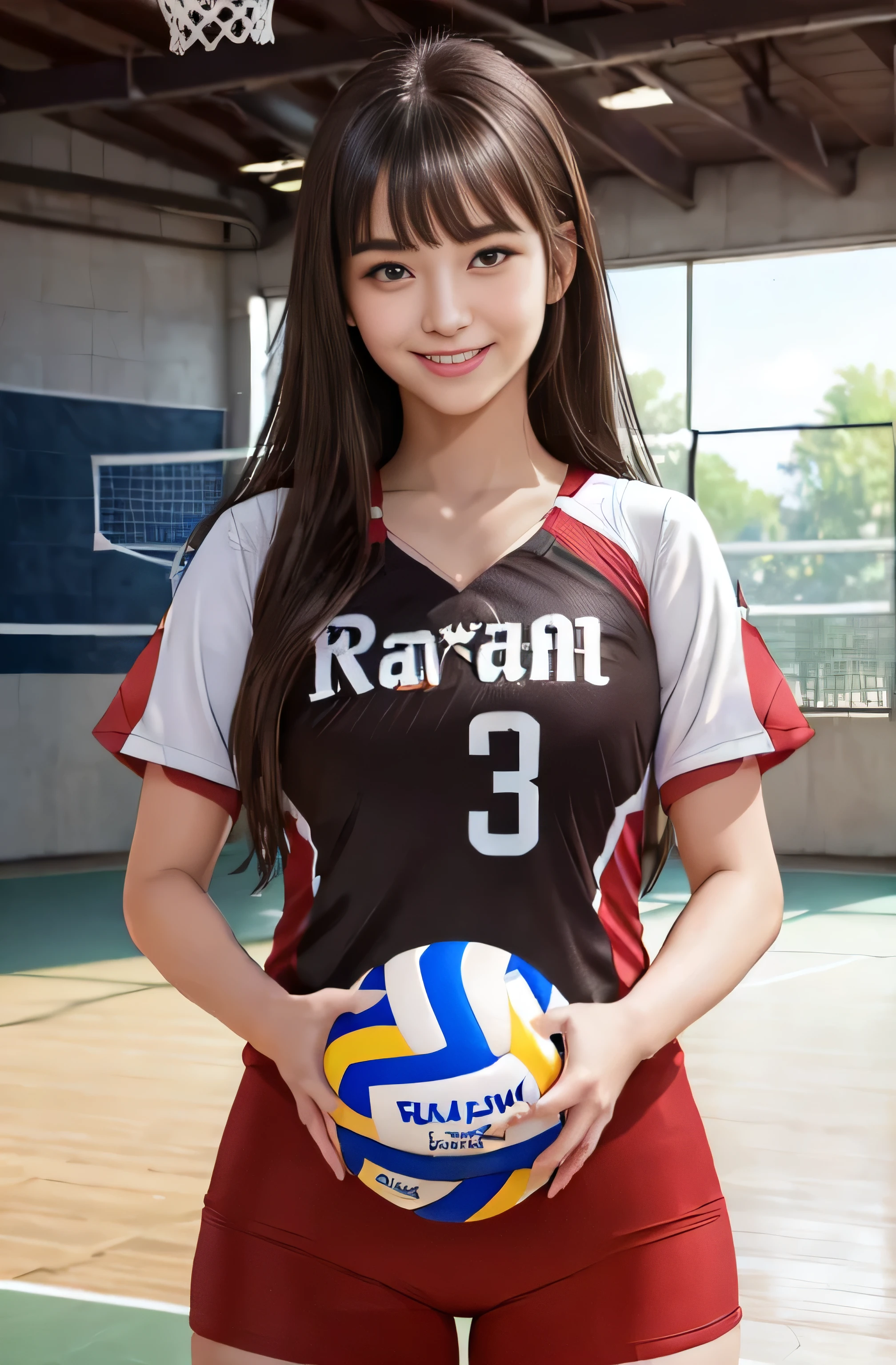 (RAW quality:1.4), Only one female, /(Volleyball Uniforms/), /(Dark brown hair/) bangs, Blushing Smile, (((Pointed Chest:1.4))), (Masterpiece of the highest quality:1.2) Delicate illustrations, super detailed, Big Break /(Indoor volleyball court/)