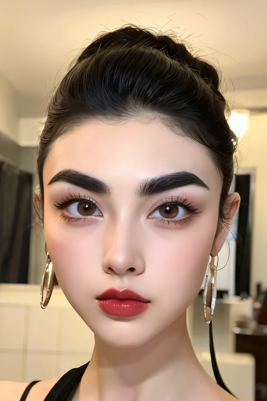 Extra thick eyebrows、Bright red lips、Black Hair、Narrow eyes、Small eyes、Shaved head、Characteristic: Thick eyebrows、The thickest eyebrows in the world、The thickest eyebrows ever、Facing forward、Thick eyebrows、Hairy、Long face、Square face。