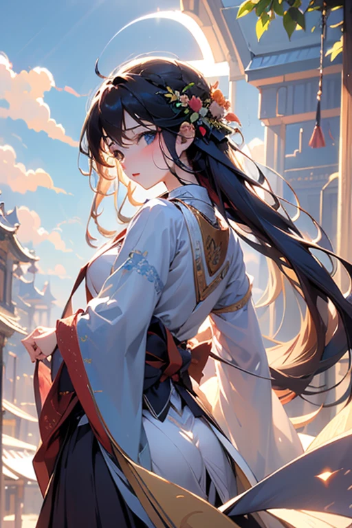 absurderes, hight resolution, (Anime style:1.1), ((masutepiece)), ((Best Quality)), (Ultra-detailed), (Beautiful), solo, Beautiful face、(liftup)、Cute looking at the view from the top of a skyscraper that is closer to the atmosphere,Wind,Thin White colorful long hair,, Blue Eyes,Lens Flare,Dramatic,Detailed Ancient City、Skirt fluttering in the wind、Clouds below looking down、(Don't look here:1.4)