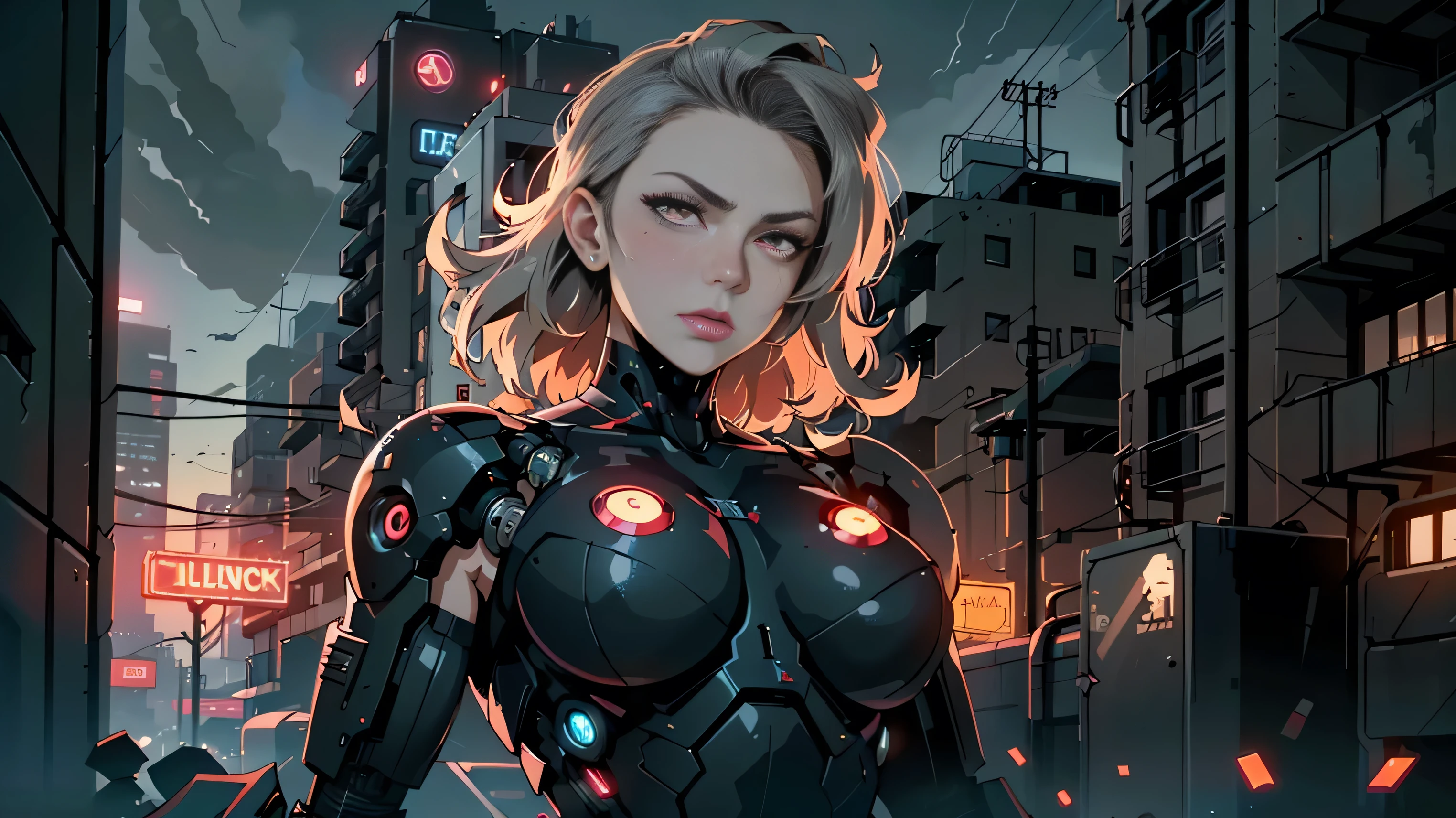 (best quality,ultra-detailed,realistic:1.37),woman cyborg,red eyes,evil,anime,huge ,sleek metallic body,expressionless face,glowing circuits,enormous energy blade,mechanical limbs,dystopian city backdrop,neon lights reflection,dark and ominous atmosphere