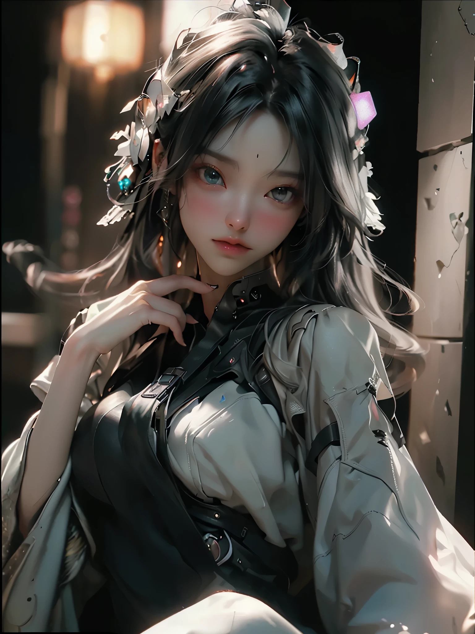 ((Best quality)), ((masterpiece)), (detailed:1.4), 3D, an image of a beautiful cyberpunk female,HDR (High Dynamic Range),Ray Tracing,NVIDIA RTX,Super-Resolution,Unreal 5,Subsurface scattering,PBR Texturing,Post-processing,Anisotropic Filtering,Depth-of-field,Maximum clarity and sharpness,Multi-layered textures,Albedo and Specular maps,Surface shading,Accurate simulation of light-material interaction,Perfect proportions,Octane Render,Two-tone lighting,Wide aperture,Low ISO,White balance,Rule of thirds,8K RAW,