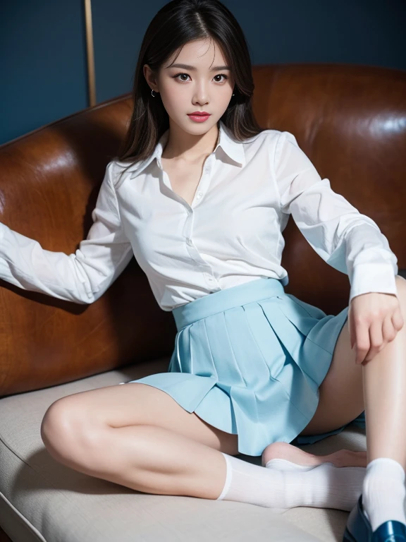 (best quality, 8k, highres, photorealistic:2.0), (solo, one girl:2.0),(lighting: strong),(lighting: front),(very muscular girl:2.0),(bodybuilder girl:1.5),(shiny skin:1.5),(brown hair color:1.5),(Bend your legs and open your thighs:1.8),(black loafers:1.5),(light blue blouse:1.6),(collar blouse:1.2),(long sleeve light blue blouse:1.3),((tight blouse:1.7)),(Emphasize cleavage),(short socks),(white socks:1.1),((blue pleated skirt)),((blue skirt)),((Wearing cute white panties)),((Girl leaning on an old leather sofa)), very beautiful Japanese  girl, Blush brown makeup , dark eye makeup,(fist in front of face:1.6)