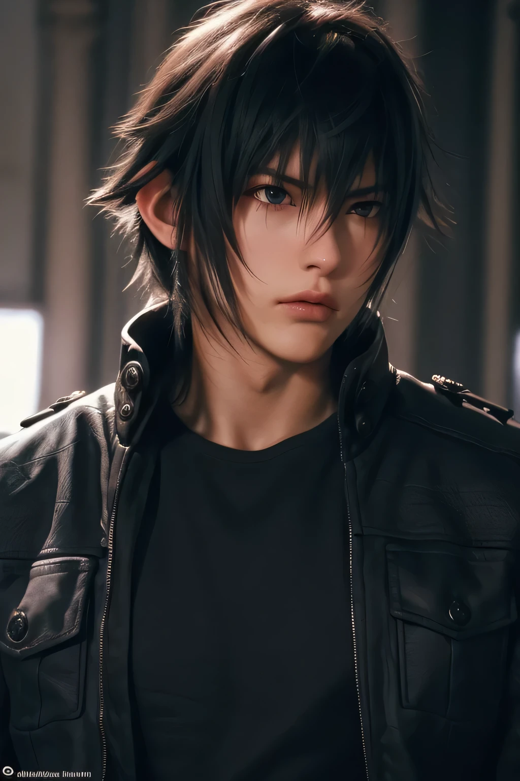 (absurderes,A high resolution,ultra - detailed,realisticlying,),1 male,solo,Tall muscular man,broad shoulder,Handsome,brunette color hair,Angular chin,Thick neck,thick eyebrow,The upper part of the body,Noctis,full body