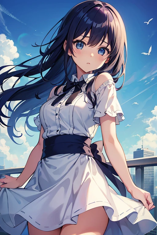 absurderes, hight resolution, (Anime style:1.1), ((masutepiece)), ((Best Quality)), (Ultra-detailed), (Beautiful), solo, Beautiful face、(liftup)、Cute looking at the view from the top of a skyscraper that is closer to the atmosphere,Wind,Thin White colorful long hair,, Blue Eyes,Lens Flare,Dramatic,Detailed Ancient City、Skirt fluttering in the wind、Clouds below looking down、(Don't look here:1.4)