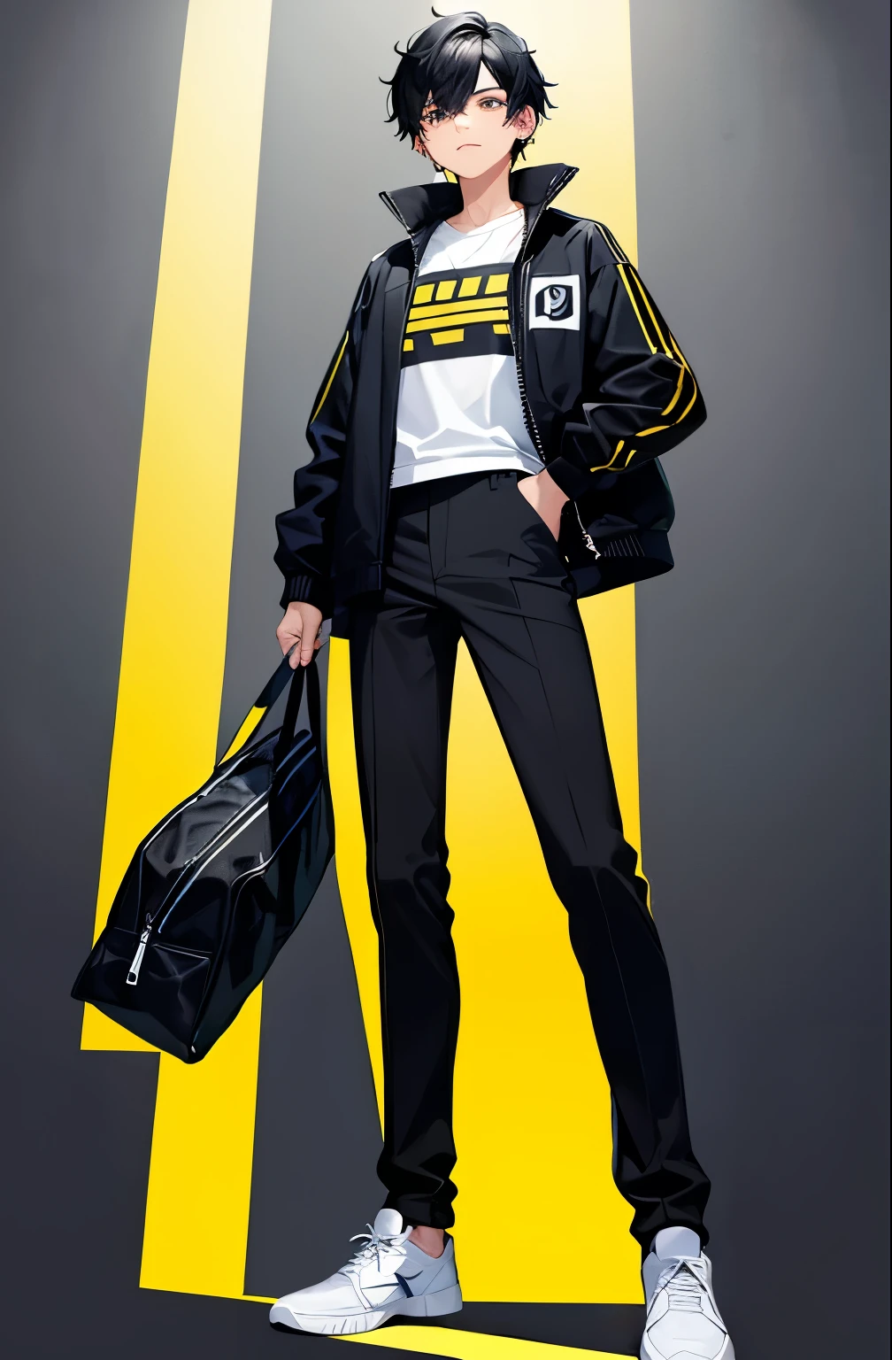 A teenage male wearing a black jacket that has yellow stripes on the arms of the jacket,camiseta azul,black pants(no stripes on pants) and tennis,medium length black hair,