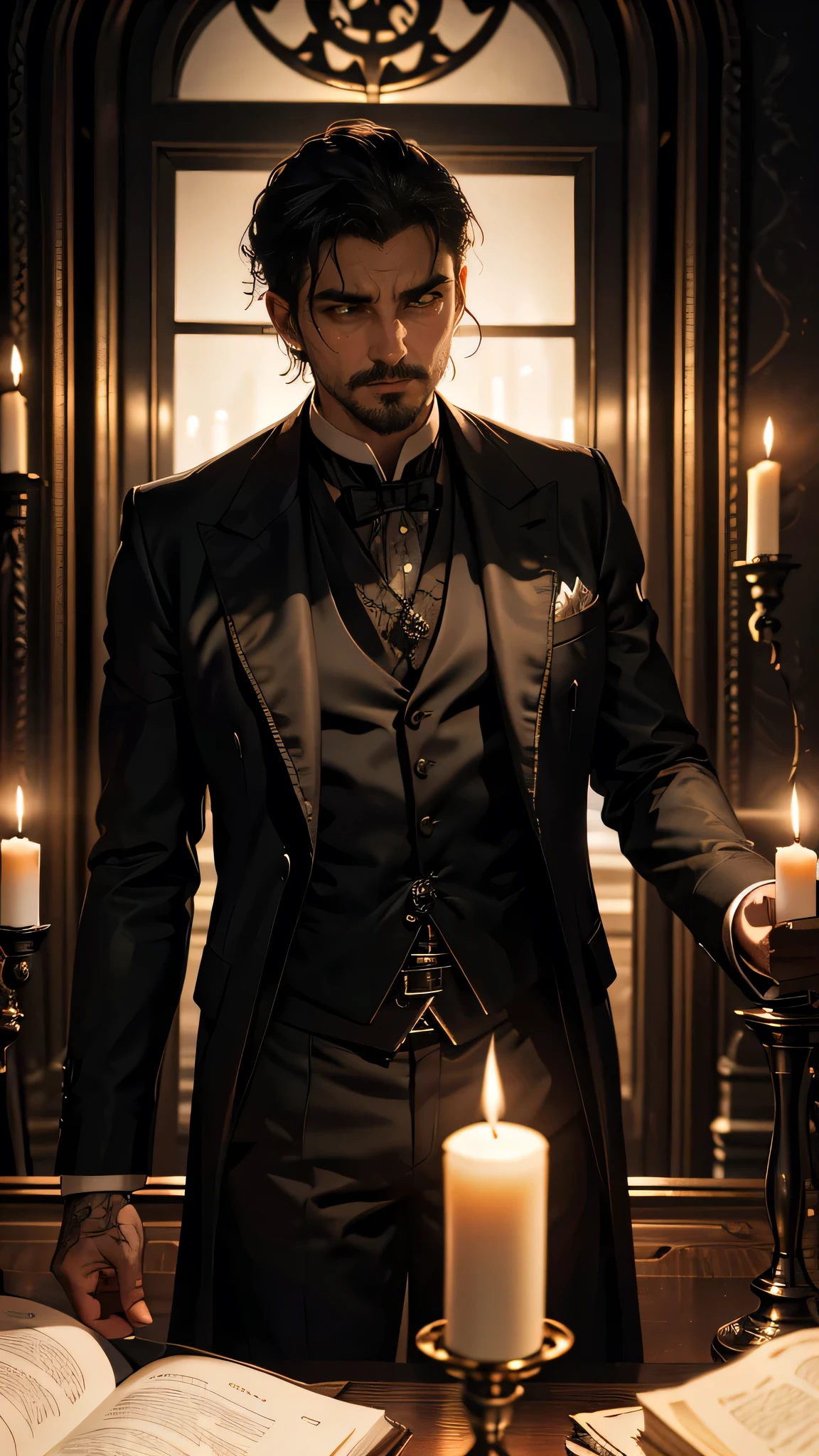 Make a Deal with the Devil, magic circle, Variant god, Cthulhu Mythos, Gothic Horror, London in the 1890s, moisture, Dimly lit room, candle, Twilight, Creepy. Necronomicon,