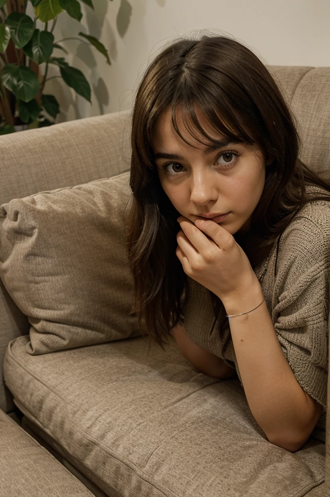 Photo Italian girl hiding her face in a sofa 