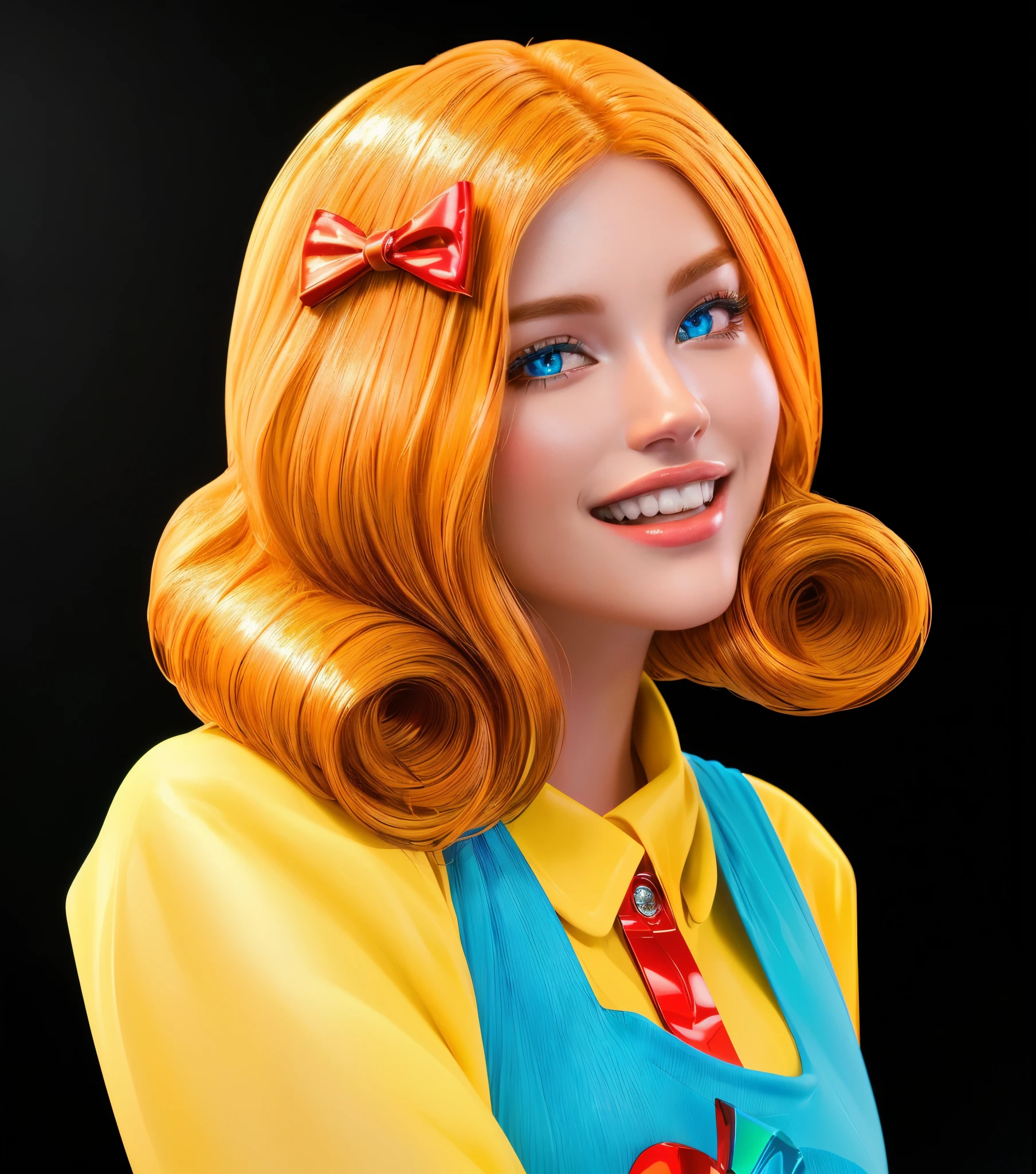 A cartoon girl with a huge smile and red hair is peeking out from a baby bag. laying on a blue background blanket., glossy texture, smooth 3d model, multiple light sources, rim light, sharp post effects render, (glossy plastic texture with multiple big light probe refractions), perfect cgi, smooth silhouette, high intensity refraction, (super glossy material), most beautiful vfx, blue background, plastic refractions, realistic, 4k, high resolution, rim light, photo shoot, commercial photo, profile shot, 4k, rim light, high resolution, 4k, glossy texture, smooth 3d model, multiple light sources, rim light, sharp post effects render, (glossy metallic texture with multiple big light probe refractions), perfect cgi, cgi art created only with gradients, smooth silhouette, high intensity refraction, (super glossy chrome material), most beautiful vfx, blue background, chrome metal refractions, multiple light sources, rim light, sharp post effects render, perfect cgi, digital art, detailed digital art, reflective, best quality, 4k, masterpiece:1.2, ultra-detailed, realistic, vivid colors, dark and moody lighting, The image of the highest quality, ensuring every detail showcased perfectly. It in 4k resolution, allowing viewers to immerse themselves in the richness of the colors and intricate details. The realistic rendering. under the spotlight, reflecting, high-resolution image, realistic rendering, dark background, and rim light photorealistic