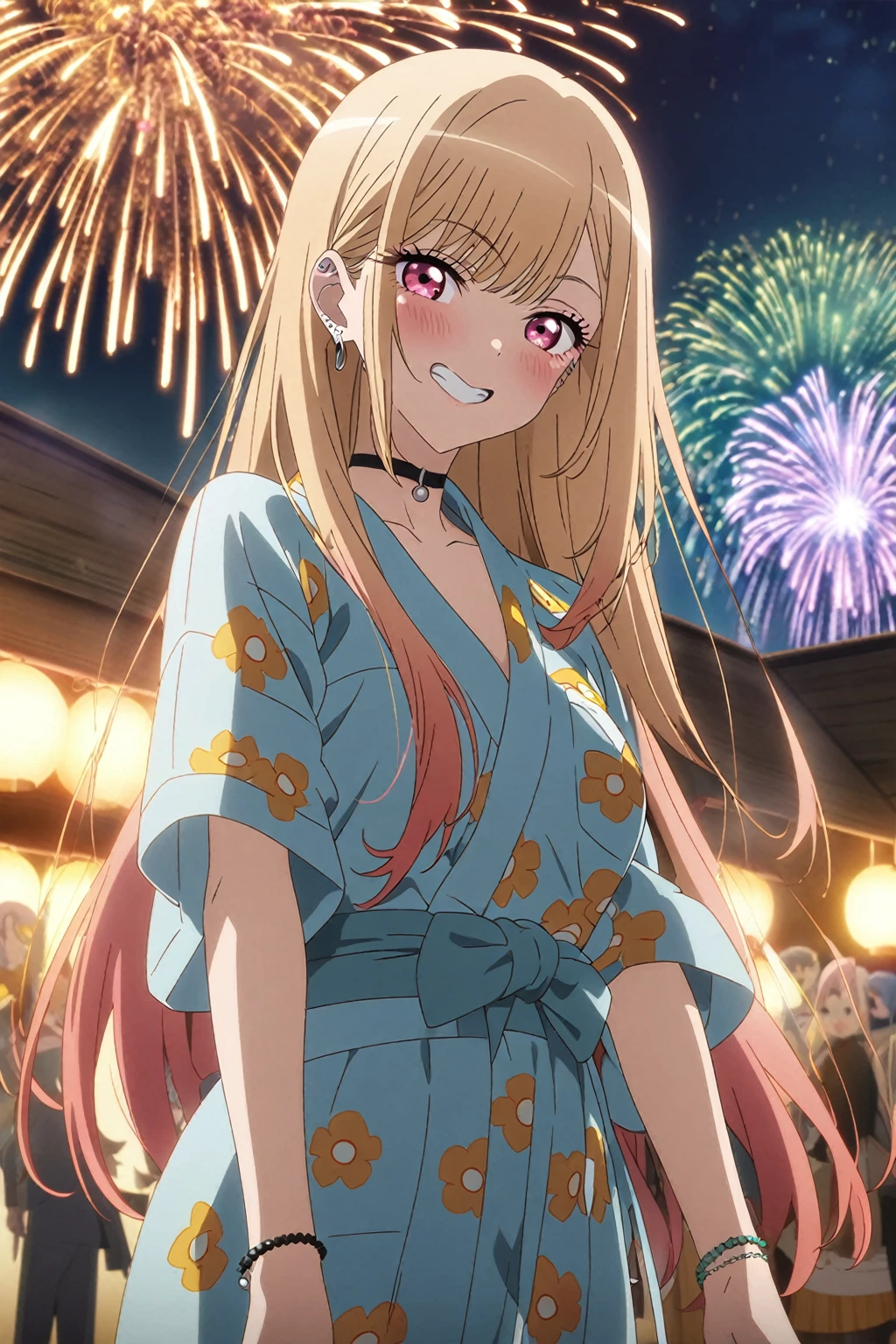 1girl, kitagawa marin, sono bisque doll wa koi wo suru, yukata, fireworks, festival, anime artwork, anime style, key visual, vibrant, studio anime, highly detailed, masterpiece, best quality, very aesthetic, absurdres