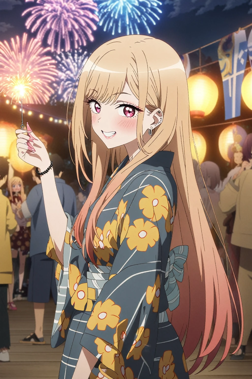 1girl, kitagawa marin, sono bisque doll wa koi wo suru, yukata, fireworks, festival, anime artwork, anime style, key visual, vibrant, studio anime, highly detailed, masterpiece, best quality, very aesthetic, absurdres