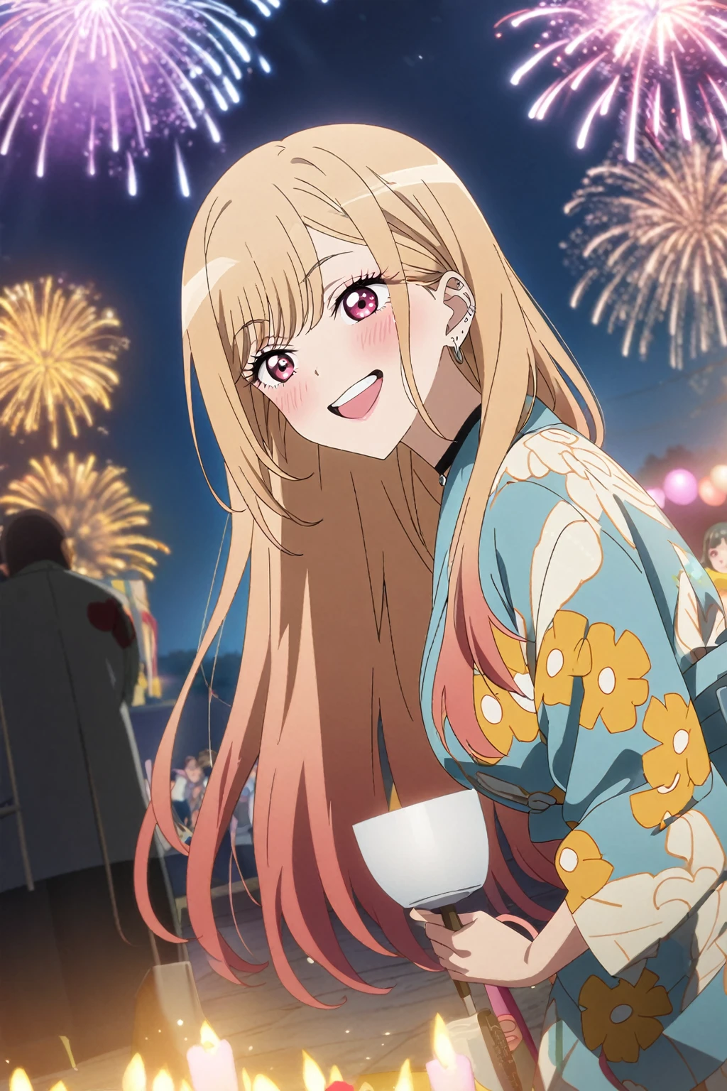 1girl, kitagawa marin, sono bisque doll wa koi wo suru, yukata, fireworks, festival, anime artwork, anime style, key visual, vibrant, studio anime, highly detailed, masterpiece, best quality, very aesthetic, absurdres