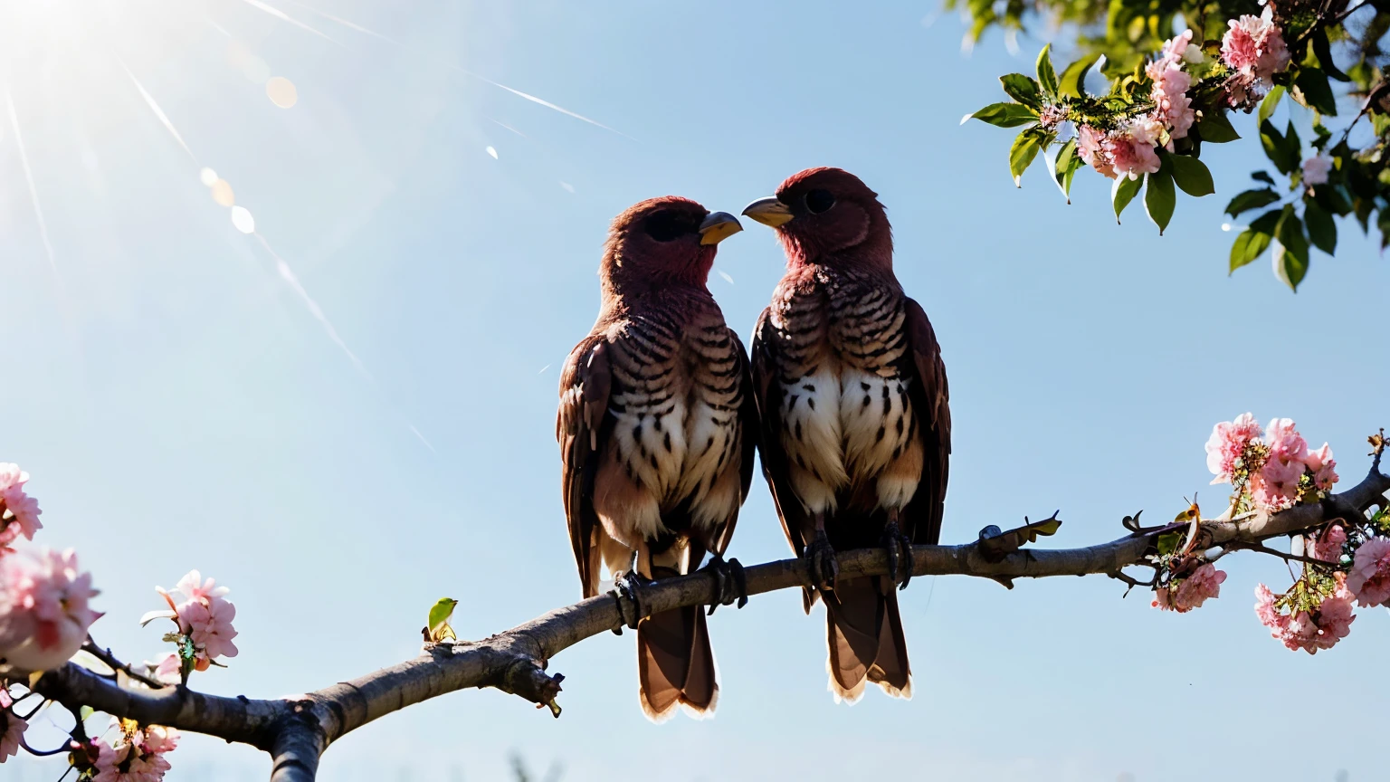 two pairs of pink birds standing on a branch as a symbol of love