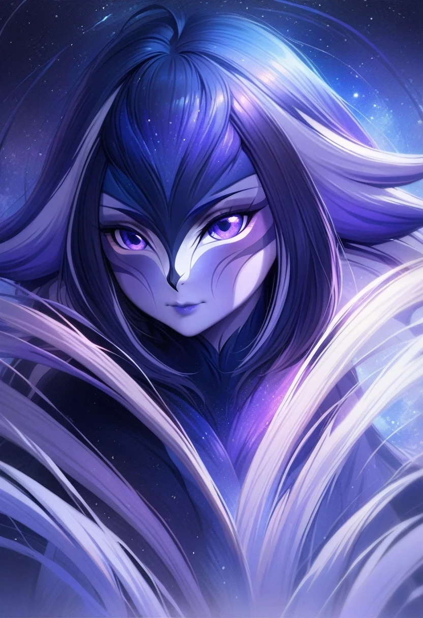 (shylily/(Twich/):1.5),(masterpiece:1.2),(best quality:1.2), Korean half face, Use a purple and blue color palette,Features realistic brushstroke style and soft colors, Set against the backdrop of the universe,With stars as a background.