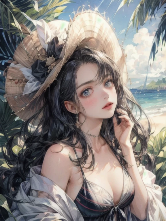 (masterpiece:1.2),(highest quality),highres,8k,(an extremely delicate and beautiful),(extremely detailed),photorealistic:1.37, Amazing,finely detail,
1girl, stars and strips bikini,
Hawaii, blue sea, palm trees, sunlight,, vibrant colors,beautiful delicate(hair,eyes,pupils.lips,dress,hat), sparkling eyes, shining lips
