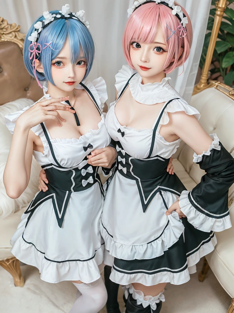 (8K, Photorealistic, Raw photo, of the highest quality: 1.3), (1girl in), Super beautiful, (Realistic face), (boyish, pink Color Berry Shorthair), Beautiful , Glare that captivates the viewer, Beautiful expression, Beautiful breasts, (Realistic skin), Be...Create a detailed and colorful image of Ram and Rem from Re:Zero, standing back-to-back in their maid outfits, with a magical fantasy background、14years old, two girls,cute, perfect face, beautiful, nice body, gothic lolita clothes, gothic lolita fashion, frilly skirt, headdress, necklace, bracelet, knee-high socks, boots, double eyelids, tear bags, Detailed down to the fingers, photo-like description, indoors, dim indoor lighting, one girl is pink hair and short bob, another girl is light blue hair and short bob,standing,whole body, composition that shows the whole body, smiling,The Both of them are wearing the same type of maid outfit,Optimal ratio of 4 fingers and 1 thumb,arms crossed