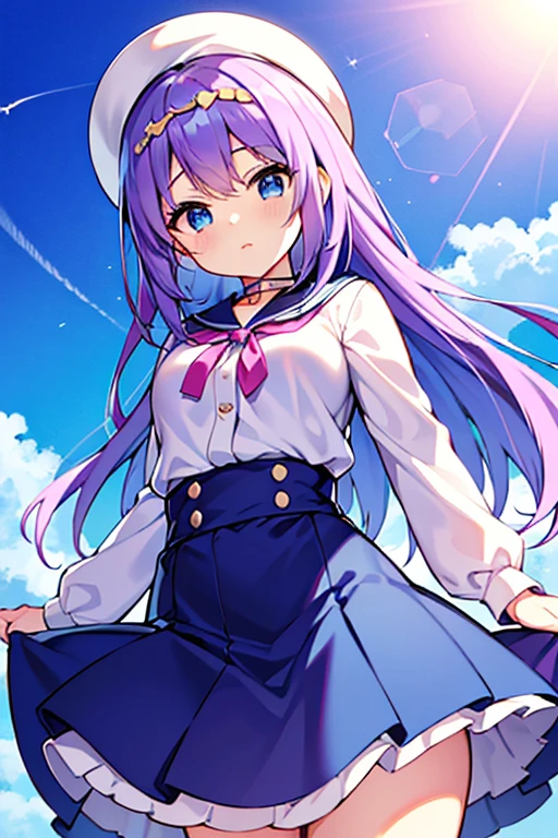 absurderes, hight resolution, (Anime style:1.1), ((masutepiece)), ((Best Quality)), (Ultra-detailed), (Beautiful), solo, Beautiful face、(liftup)、Cute looking at the view from the top of a skyscraper that is closer to the atmosphere,Wind,Thin White colorful long hair,, Blue Eyes,Lens Flare,Dramatic,Detailed Ancient City、Skirt fluttering in the wind、Clouds below looking down、(Don't look here:1.4)