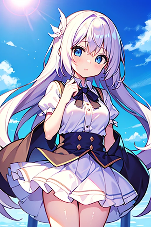 absurderes, hight resolution, (Anime style:1.1), ((masutepiece)), ((Best Quality)), (Ultra-detailed), (Beautiful), solo, Beautiful face、(liftup)、Cute  looking at the view from the top of a skyscraper that is closer to the atmosphere,Wind,Thin White colorful long hair,, Blue Eyes,Lens Flare,Dramatic,Detailed Ancient City、Skirt fluttering in the wind、Clouds below looking down、(Don't look here:1.4)