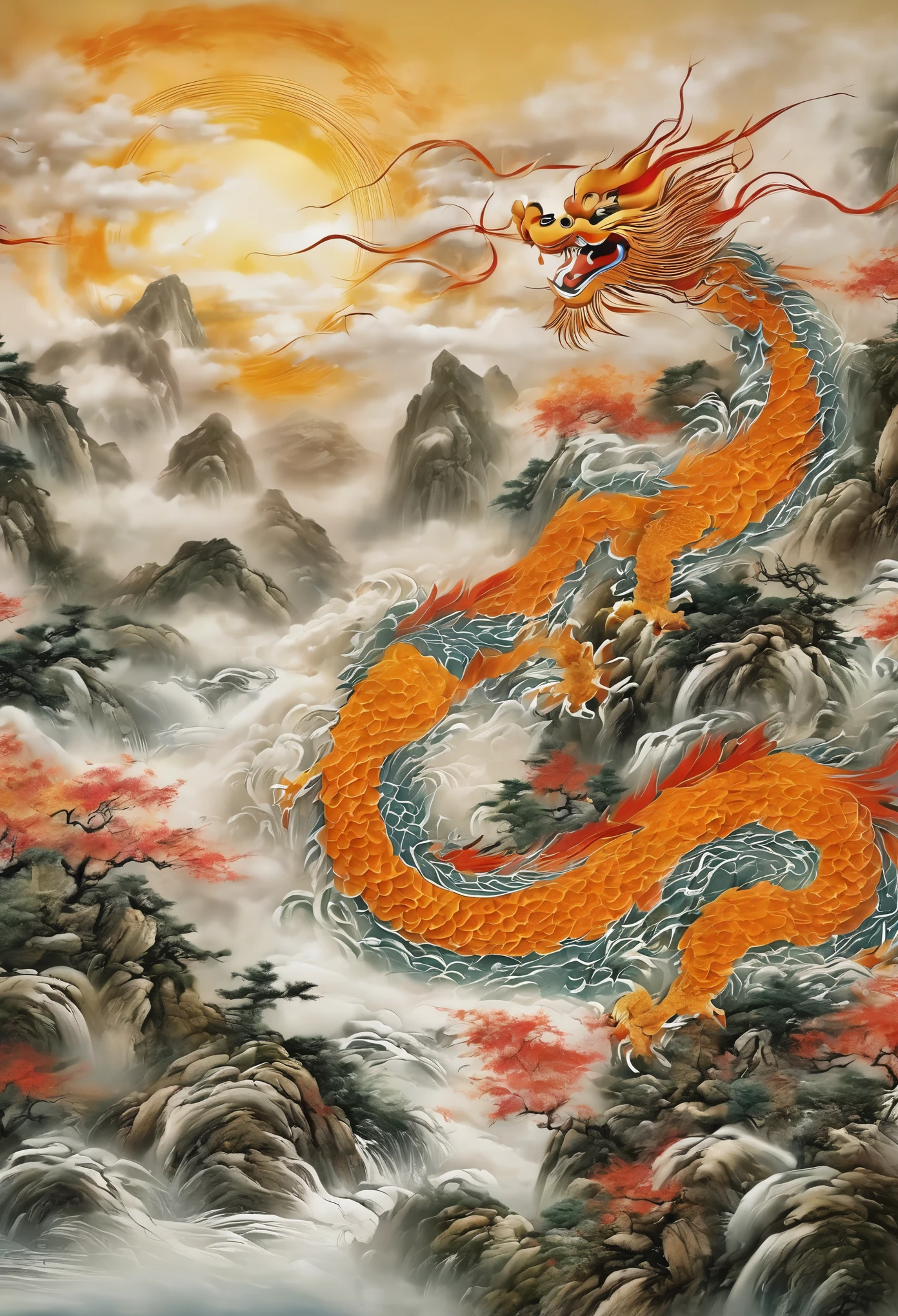 (masterpiece, best quality: 1.2)针织Mountain水画，river，Mountain，sun，Chinese dragon in the clouds