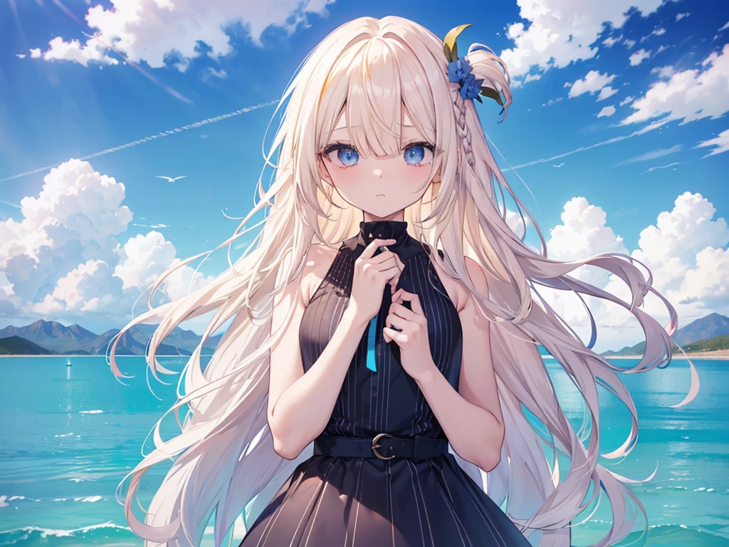 Striped dress, Azure Eyes, fine grain、blonde、Multicolored Hair、Inner Color、Wavy Hair、 thin、(((Bangs that cover one eye)))、(((Long Bangs))),1 girl、Angry face、Beautiful blue sky、8K background、Medium Chest、whole body、Woman Standing On The Surface of the Lake、Uyuni salt lake、Sleeveless、