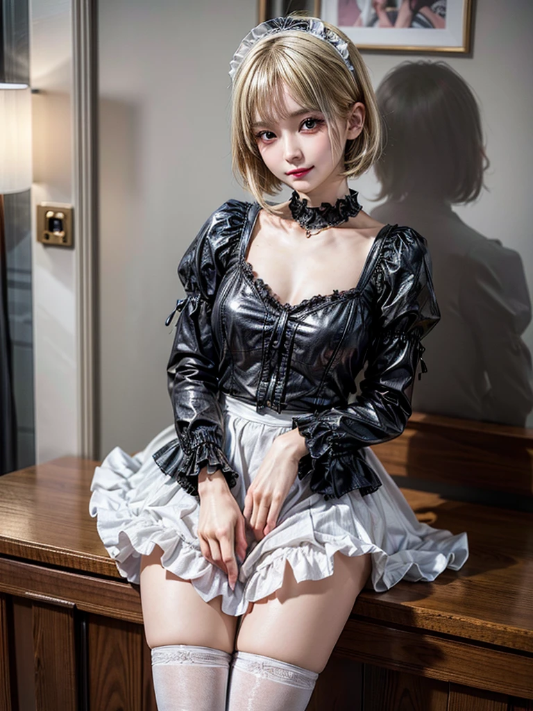 (8K, Photorealistic, Raw photo, of the highest quality: 1.3), (1girl in), Super beautiful, (Realistic face), (boyish, Silver Color Berry Shorthair), Beautiful , Glare that captivates the viewer, Beautiful expression, Beautiful breasts, (Realistic skin), Be...Super high quality, super high definition, super detailed, masterpiece, 20years old, female, cute, perfect face, beautiful, nice body, gothic ta clothes, gothic loliashion, frilly skirt, headdress, necklace, bracelet, knee-high socks, boots, double eyelids, tear bags, Detailed down to the fingers, photo-like description, indoors, dim indoor lighting, blonde hair, short bob, standing, whole body, composition that shows the whole body, smiling