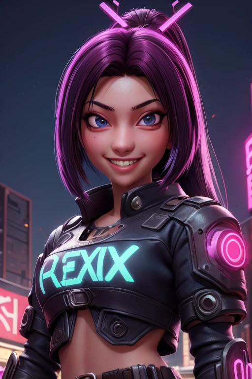 Girl smiling in mexican cyberpunk style in the city at night neon cyberpunk