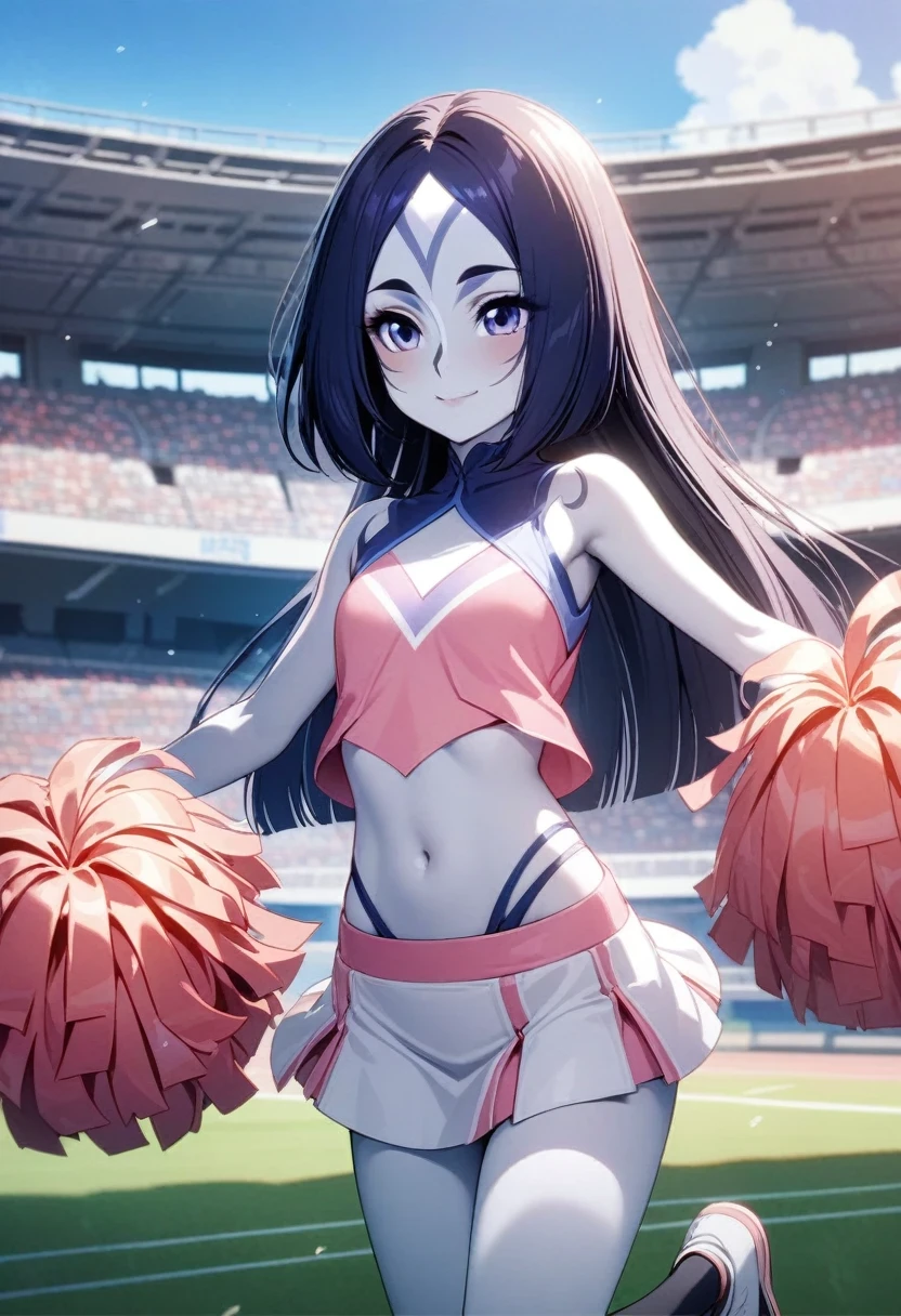 (shylily/(Twich/):1.5),(masterpiece:1.2),(best quality:1.2),1 girl, Japanese, 14 years old, White skin, Medium chest, Watching the view, (Smile:1.5), Beautiful and delicate eyes, (Medium-length hair:1.4, Parted bangs, Straight Hair:1.7), (navel:1.1), (Current pink cheerleading styles:1.5), The center of the sports top is exposed, Raise your arms, There is an orange pom-pom, jump, (Beautiful scenery), daytime, (stadium:1.5), (8k, Top quality, masterpiece), Nice illustration, Cowboy shooting,