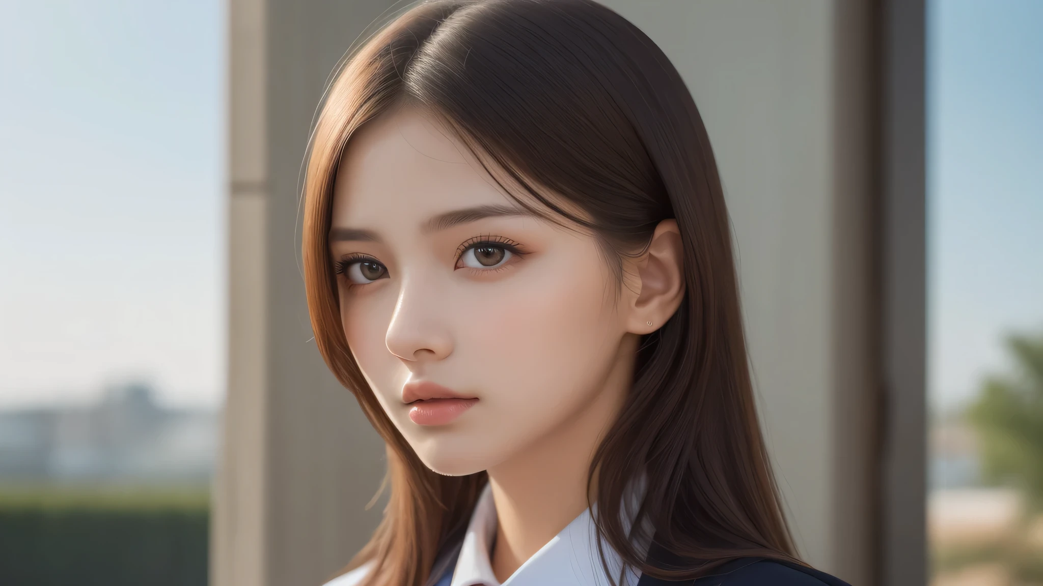 (2girl:1.3), (extremely detailed beautiful face), (highly detailed eyes, highly detailed face), (high school uniform), Fresh, very clean appearance, (best Quality:1.4), (hyper-realistic, hight resolution), Professional Photography, standing, Outdoors, Close up portrait of girl, staring at me, (Fine face:1.2), (big breasts:1.2), bob hair, 