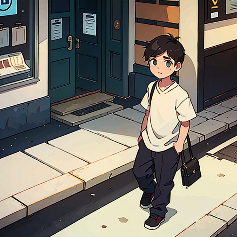 Boy walking on sidewalk with head down 