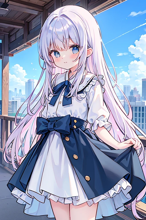 absurderes, hight resolution, (Anime style:1.1), ((masutepiece)), ((Best Quality)), (Ultra-detailed), (Beautiful), solo, Beautiful face、(liftup)、Cute  looking at the view from the top of a skyscraper that is closer to the atmosphere,Wind,Thin White colorful long hair,, Blue Eyes,Lens Flare,Dramatic,Detailed Ancient City、Skirt fluttering in the wind、Clouds below looking down、(Don't look here:1.4)