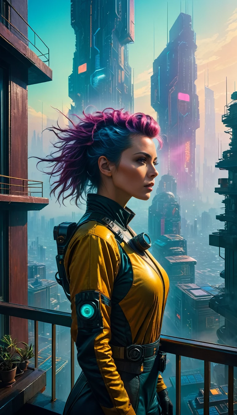 abstract colors, texture, film grain, skin pores:0.1 intricate dramatic portrait of a beautiful windblown scifi scientist standing on a balcony overlooking a futuristic (solarpunk)1.2 city, foggy morning, cinematic movie still frame, blade runner 2049, punk hair style, altered carbon, (analog style)1.3 (film grain)1.3, stephan martiniere Wadim Kashin Simon Stalenhag michal karcz ismail inceoglu