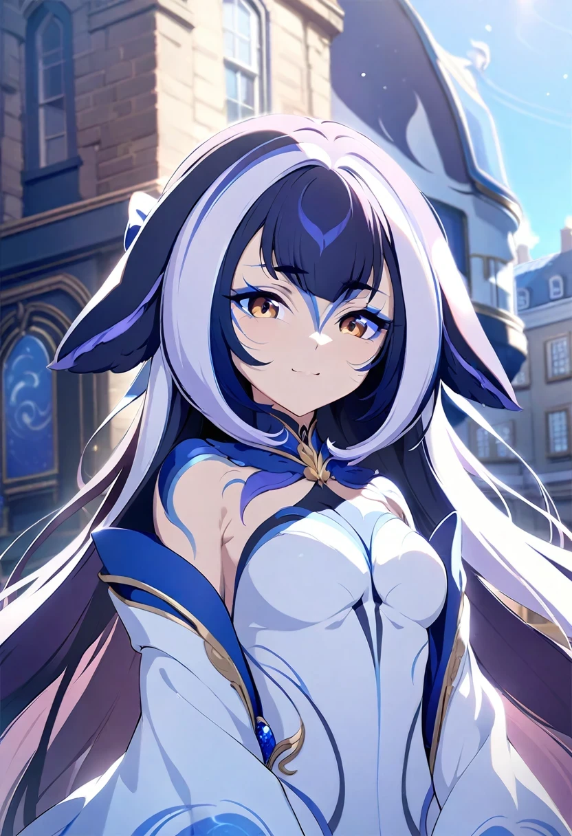 (shylily/(Twich/):1.5),(masterpiece:1.2),(best quality:1.2),Anime girl in white dress posing in front of building, Portrait of the Zodiac Girl Knight, Extremely detailed artger,, Shadowverse Style, 8k high quality detailed art, Fanart Best Art Site,