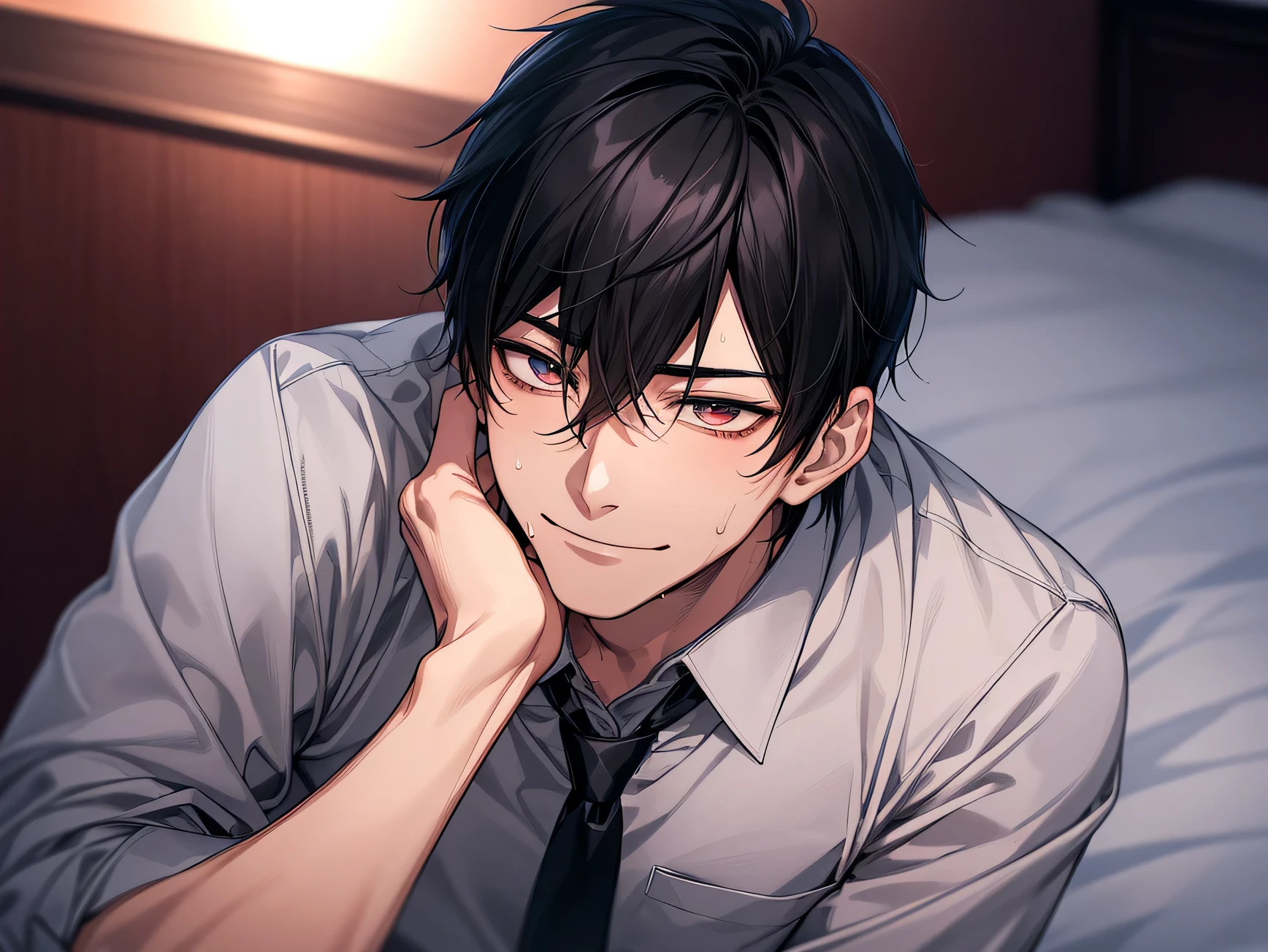 Night atmosphere,male, 30 years old,male1 person、boss,adult,Adult,Black Hair,Shirt and tie,The eyes are brown,Extreme close up,sweating、Angle from below,sweating,smile,expression,Background Hotel,bed,night