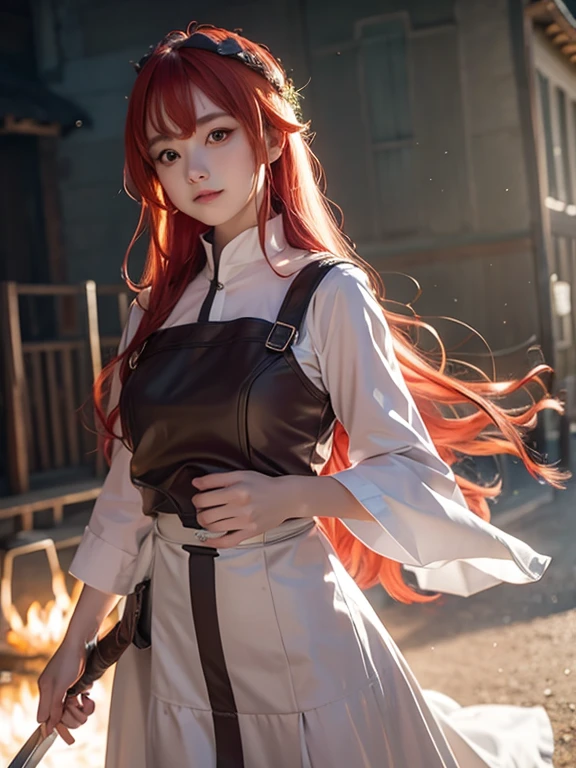 1girl, eris greyrat, red eyes, pretty , smile, red head, white clothes, realistic clothes, detail clothes, village background, holding a sword,  blood splatter, depth of field, night, red light particles, light rays, sid e lighting ,Best Quality, High resolution, extremely detailed , 8K, Highly realistic, Ultra-realistic, photos realistic,
