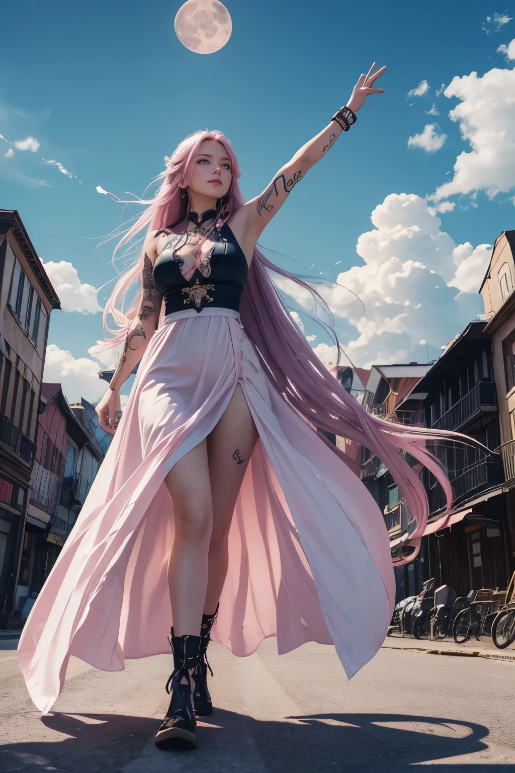 Woman with long hair、Near future、Row of buildings、blue eyes、Roleplaying、Tattoo、I'm with open arms、Looking up at the sky、Big Moon、Pink Clouds、Full Body Shot。