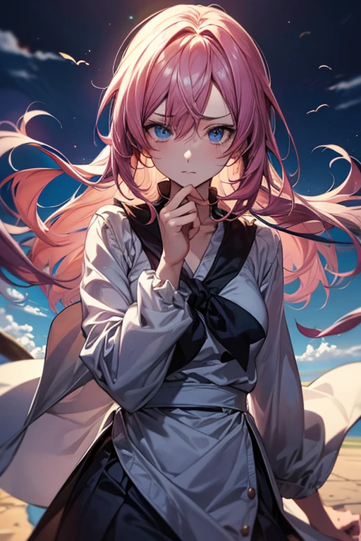 absurderes, hight resolution, (Anime style:1.1), ((masutepiece)), ((Best Quality)), (Ultra-detailed), (Beautiful), solo, Beautiful face、(liftup)、Cute  looking at the view from the top of a skyscraper that is closer to the atmosphere,Wind,Thin White colorful long hair,, Blue Eyes,Lens Flare,Dramatic,Detailed Ancient City、Skirt fluttering in the wind、Clouds below looking down、(Don't look here:1.4)