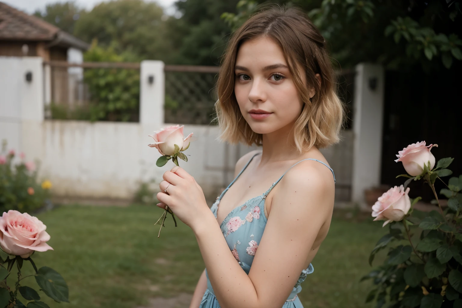 8k, RAW photo, Fujifilm, style photo of a beautiful young woman as avril in a garden of light pink roses (highly detailed skin: 1.2) Style-Petal BREAK short hair, blonde hair with colored locks, wearing a dress, film granulation, 35mm, cute style