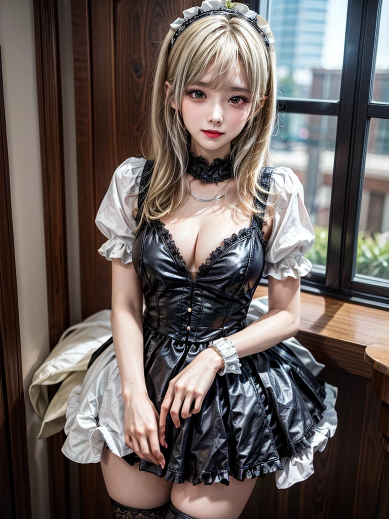 (8K, Photorealistic, Raw photo, of the highest quality: 1.3), (1girl in), Super beautiful, (Realistic face), (boyish, Silver Color Berry Shorthair), Beautiful , Glare that captivates the viewer, Beautiful expression, Beautiful breasts, (Realistic skin), Be...Super high quality, super high definition, super detailed, masterpiece, 20years old, female, cute, perfect face, beautiful, nice body, gothic ta clothes, gothic loliashion, frilly skirt, headdress, necklace, bracelet, knee-high socks, boots, double eyelids, tear bags, Detailed down to the fingers, photo-like description, indoors, dim indoor lighting, blonde hair, short bob, standing, whole body, composition that shows the whole body, smiling