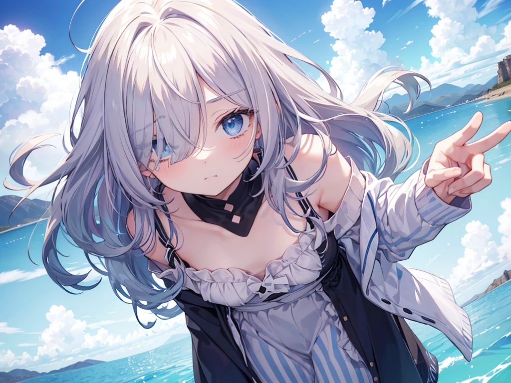 striped dresses, blue eyes, fine grain、blonde、Multicolored Hair、Inner Color、Wavy Hair、 thin、(((((Bangs covering one eye)))))、(((Long Bangs))),1 girl、Angry face、Beautiful blue sky、8K background、Medium Chest、whole body、Woman Standing On The Surface of the Lake、Uyuni salt lake、No sleeve、Beautiful Handanicure、
