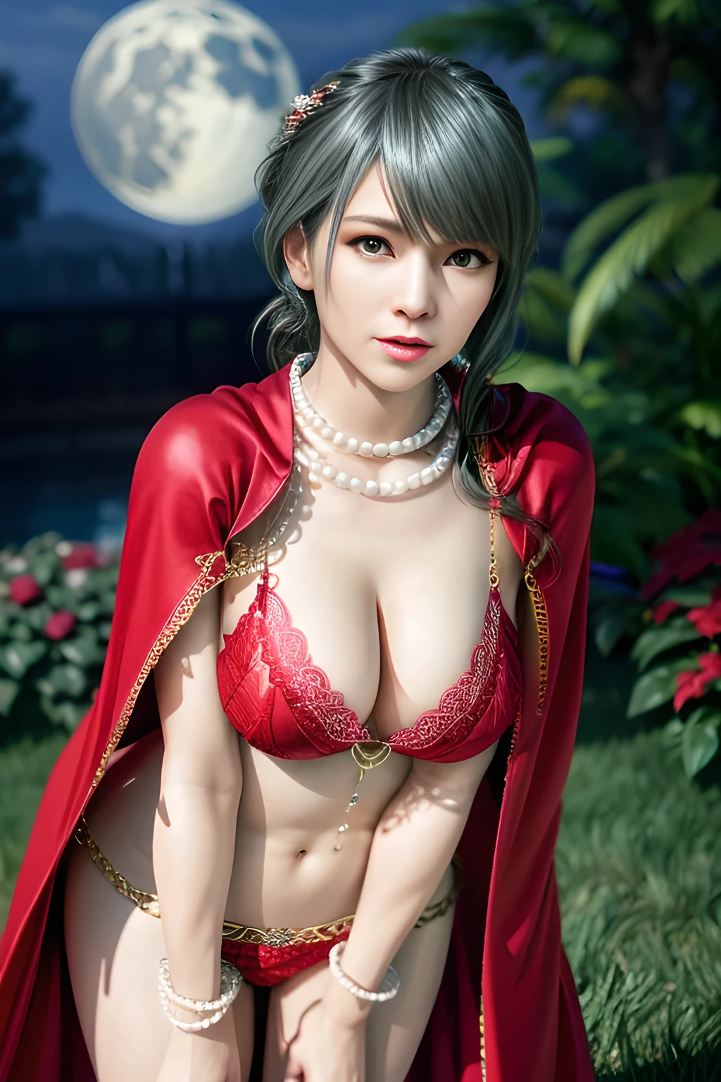 1 girl,lean over WINK,(Wearing Wedding Dress:1.2) ,(Wearing Jewel:1.2) ,( red lace_cloak:1.3),(Fluffs :1.4),(pearl bodychain:1.3),garden,nighttime,moon,( huge breasts ),cleavage,shiny skin,lip gloss,tattoos, masterpiece, best quality, realistic ,Surrealism,Rich artistic colors,natural colors art in 8k,3D,Portrait art,solo, tamaki