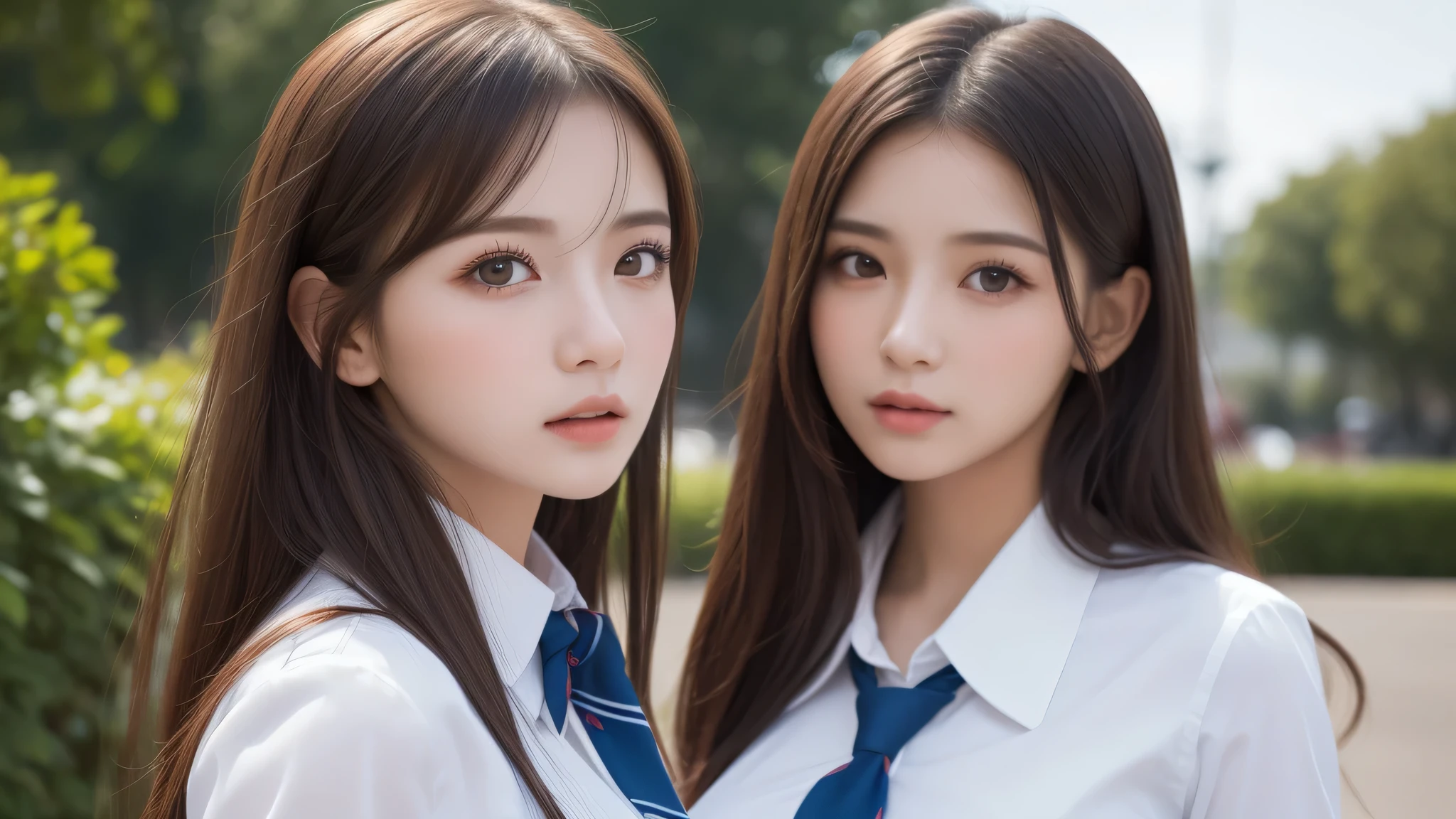 (2girl:1.3), (extremely detailed beautiful face), (highly detailed eyes, highly detailed face), (high school uniform), Fresh, very clean appearance, (best Quality:1.4), (hyper-realistic, hight resolution), Professional Photography, standing, Outdoors, Close up portrait of girl, staring at me, (Fine face:1.2), (big breasts:1.2), bob hair, 