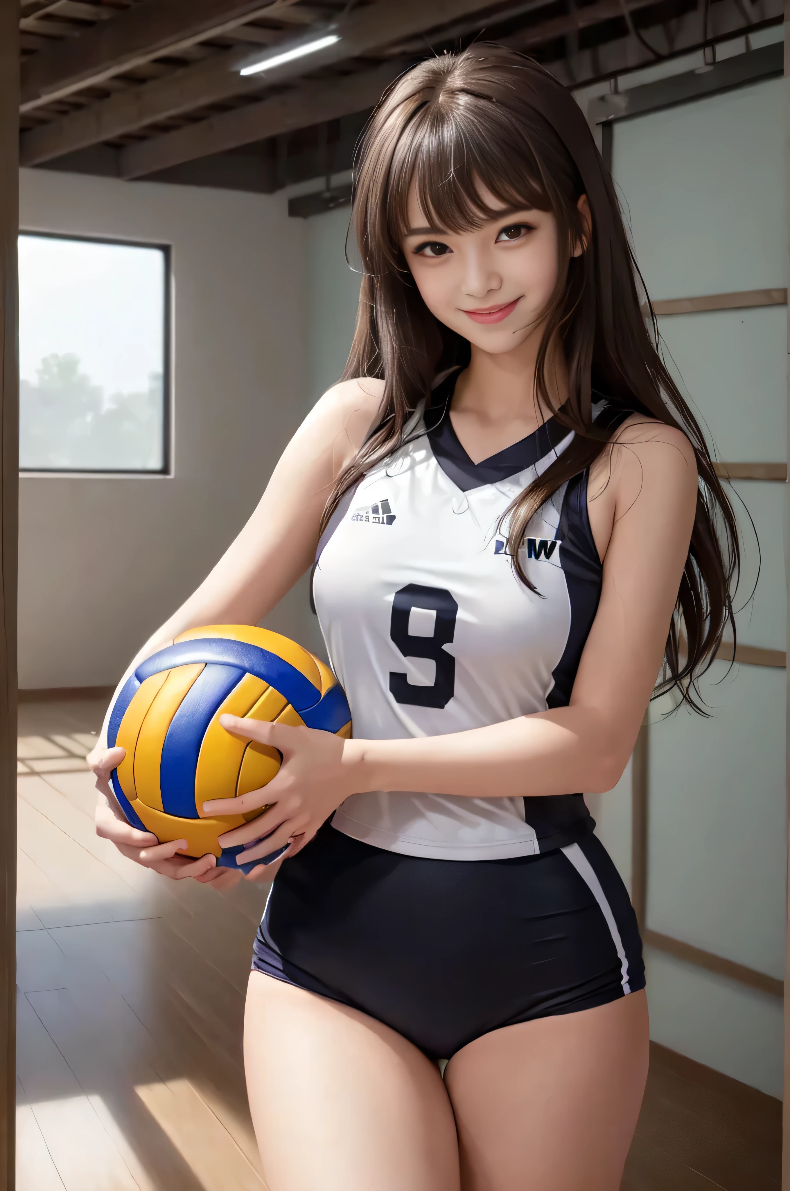 (RAW quality:1.4), Only one female, /(Volleyball Uniforms/), /(Dark brown hair/) bangs, Blushing Smile, Pointed Chest, (Masterpiece of the highest quality:1.2) Delicate illustrations, super detailed, Big Break /(Indoor volleyball court/)