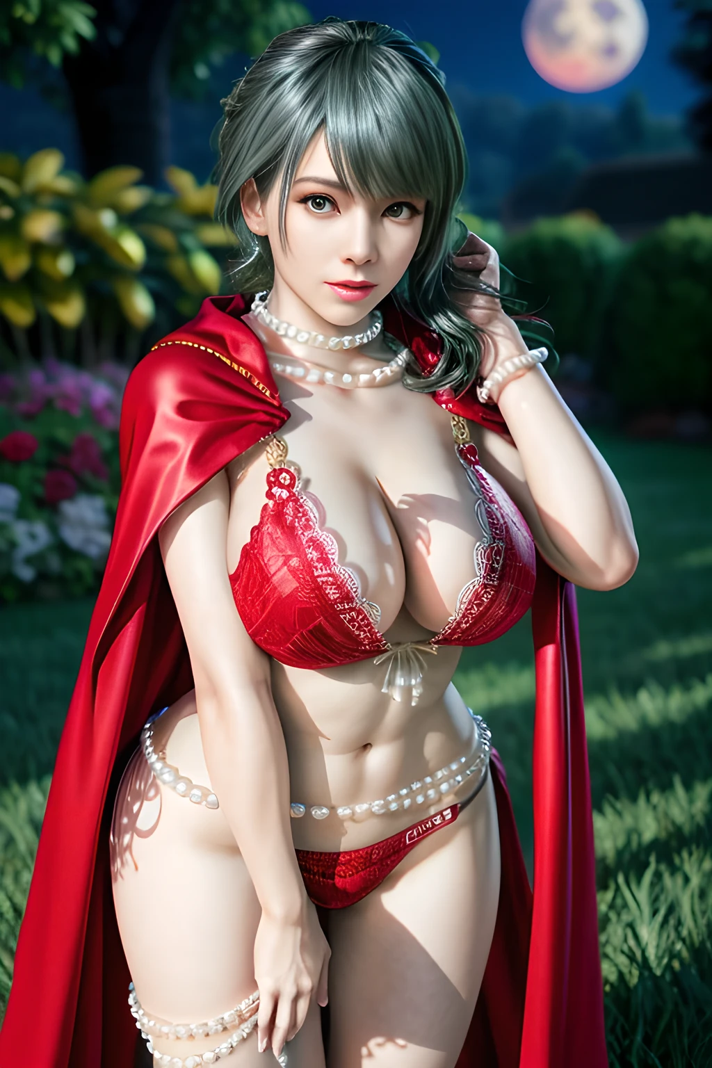 1 girl,lean over WINK,(Wearing Wedding Dress:1.2) ,(Wearing Jewel:1.2) ,( red lace_cloak:1.3),(Fluffs :1.4),(pearl bodychain:1.3),garden,nighttime,moon,( huge breasts ),cleavage,shiny skin,lip gloss,tattoos, masterpiece, best quality, realistic ,Surrealism,Rich artistic colors,natural colors art in 8k,3D,Portrait art,solo, tamaki