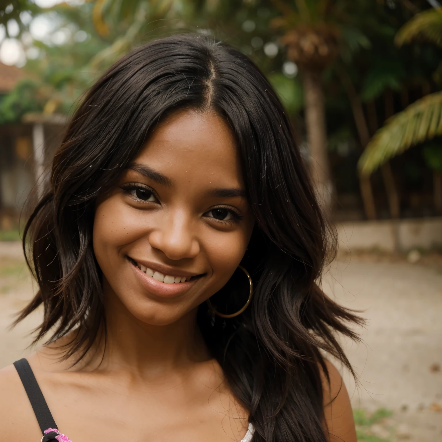  negra sorrindo com cabelo cacheado longo 