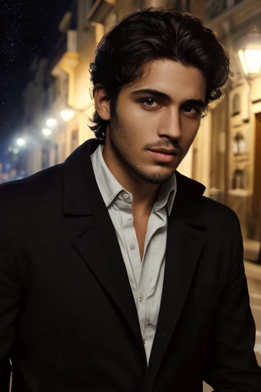 Portada de un libro ( hombre de cara con facciones finas, joven, italiano, pelo negro y un poco largo) rostro detallado y realista. En un ambiente oscuro y misterioso imagen 4k. El italiano es un detective en las sombras. He is walking on the street at night under the light of the moon and its shadow