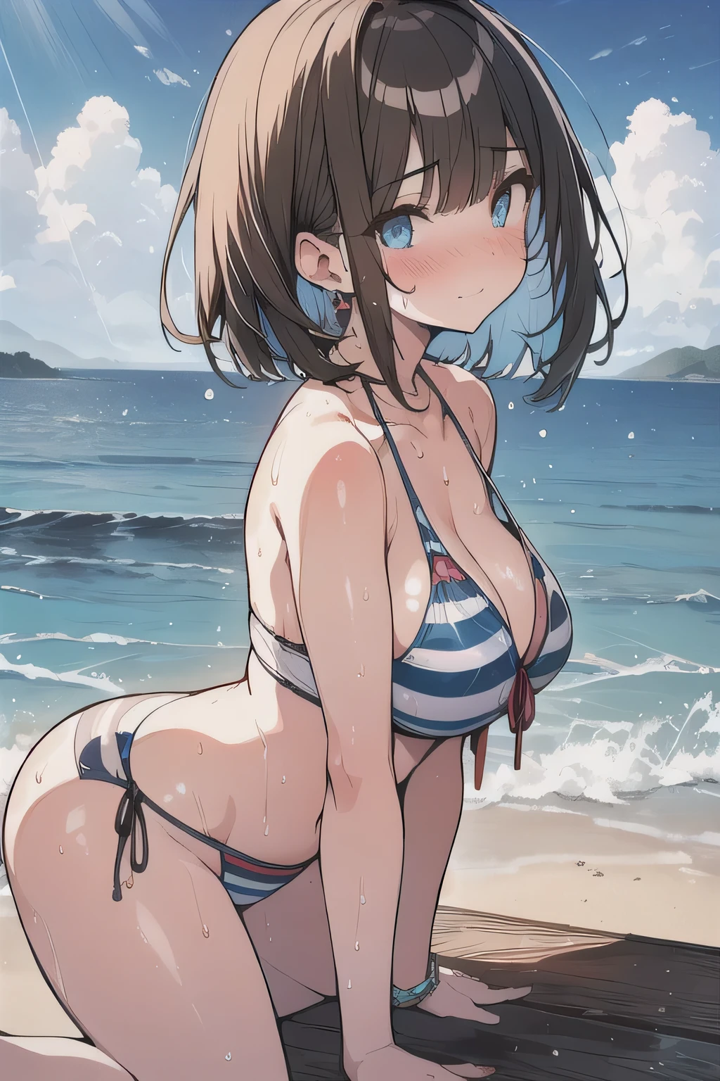 (best quality), (Super detailed), (Best Illustration), (masterpiece), (8k), (woman), (from side), (all fours:1.2), {(triangle bikini:1.2), (striped bikini:1.2)}, (large breasts), (breast cleavage), (underboob), {(detailed eyes), blue eyes}, {brown hair, (sideburns), (bob cut:1.3), curly hair, hairs between eyes, colored inner hair}, nose blush, earring, (wet), (sweat), (beach:1.2),
